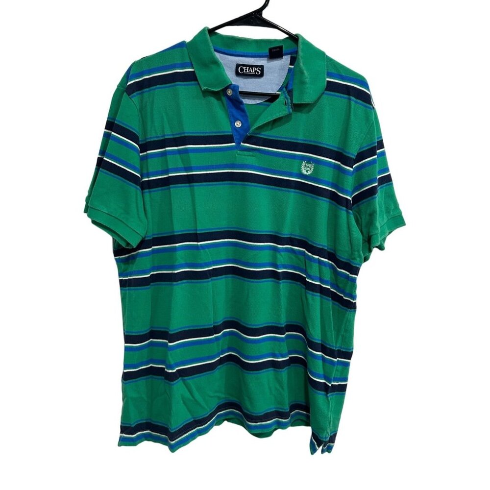 Chaps Mens Green Blue Striped Polo Shirt Cotton Sz XL